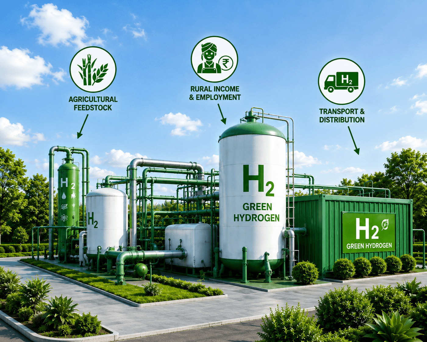 Green hydrogen plant with three labeled circular-economy badges — Agricultural Feedstock, Rural Income & Employment, Transport & Distribution.