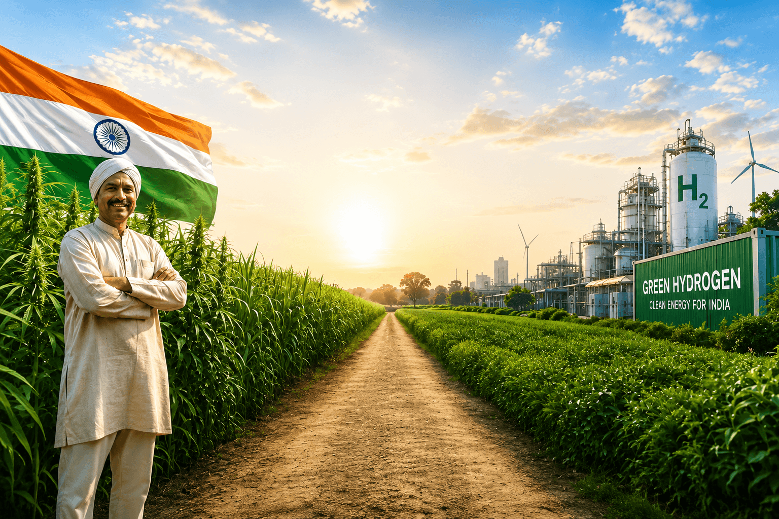 Indian farmer in traditional dress with hemp and napier fields, Indian flag, and a green hydrogen production plant at sunrise.