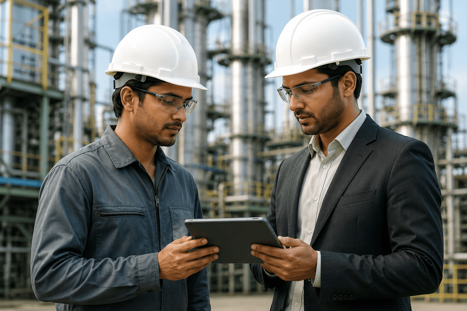 Two engineers in hard hats reviewing plans on-site at an industrial facility.